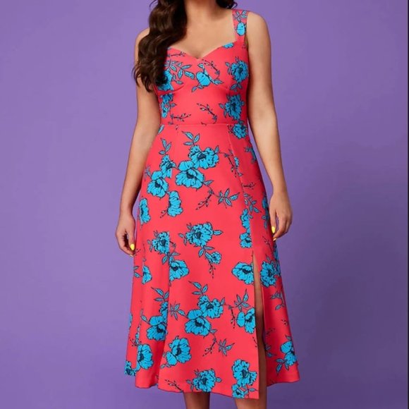 Hot pink floral strap tea dress with front slits - Picture 1 of 3